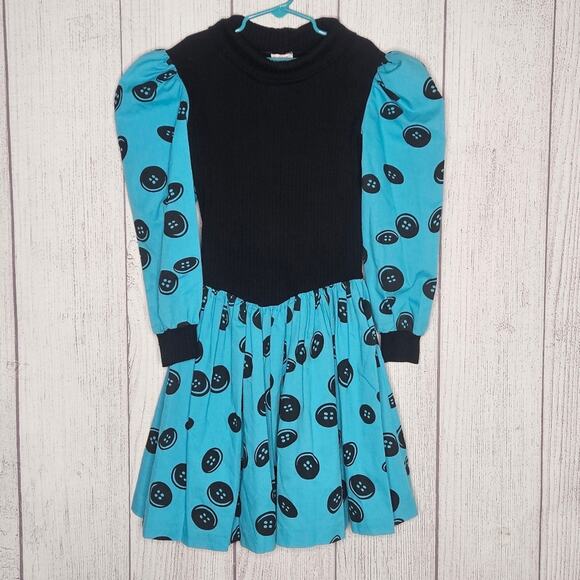 VTG 80s RUFFLES Black & Blue Button Print Drop Waist Dress, sz 10 - Picture 1 of 6